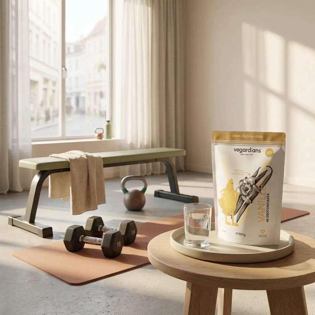 Minimalistischer Trainingsraum bei Morgenlicht mit Hanteln, Kettlebell, Hantelbank, Glas Wasser und dem Produkt aus Referenzfotos als Proteinshake; ruhige Stimmung, Fokus auf muskelaufbau.