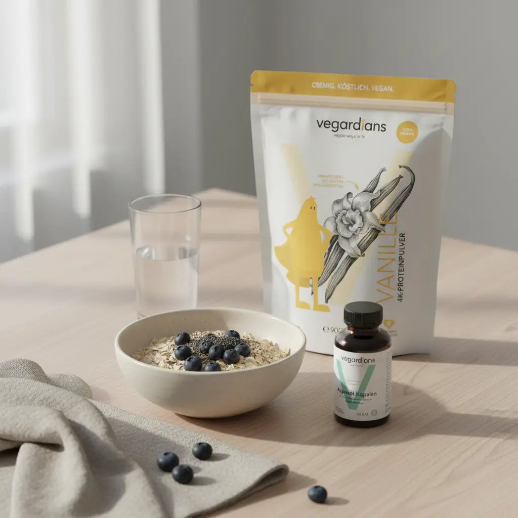 Veganer Frühstückstisch mit Hafer, Beeren, Glas Wasser, Algenöl‑Kapseln und Proteinpulver in minimalistischer Küche – ideal für Muskelaufbau.