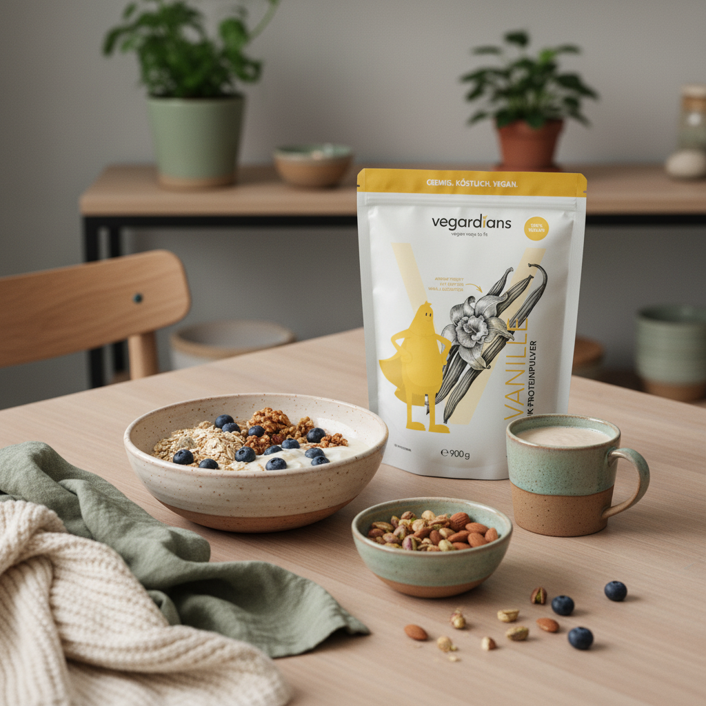 Veganes Frühstück mit Müsli, pflanzlichem Joghurt, Nüssen und Shake auf nachhaltigem Holztisch im Morgenlicht – bewusstes Motiv für Muskelaufbau