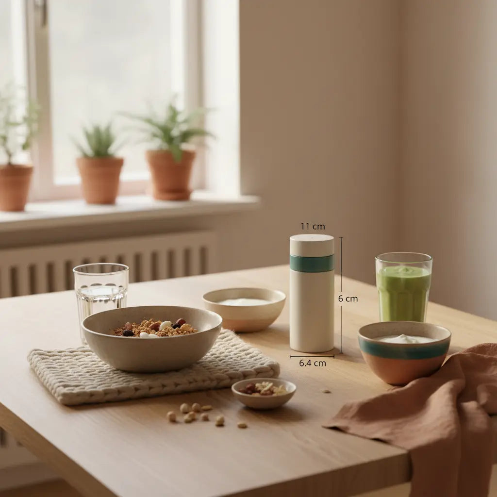 Minimalistisches Frühstück in europäischer Küche mit veganem Granola, Joghurt, Nüssen und Shake auf nachhaltigem Tisch – ideal für Muskelaufbau vegetarisch.