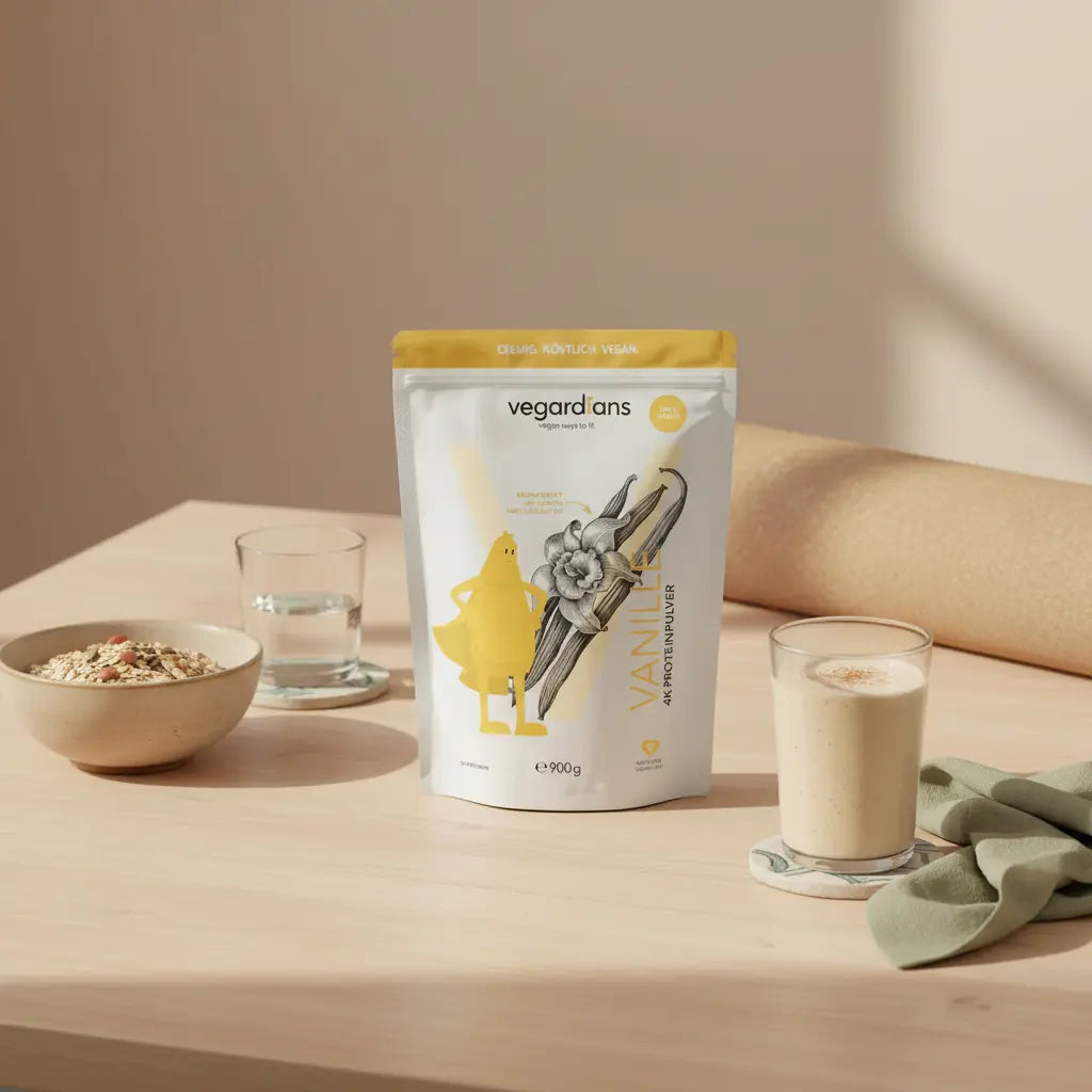 Minimalistische Küchenaufnahme mit Proteinshake, Schale Haferflocken und gefalteter Yogamatte, dezente Vegardians-Akzente; ideal für Muskelaufbau zuhause.