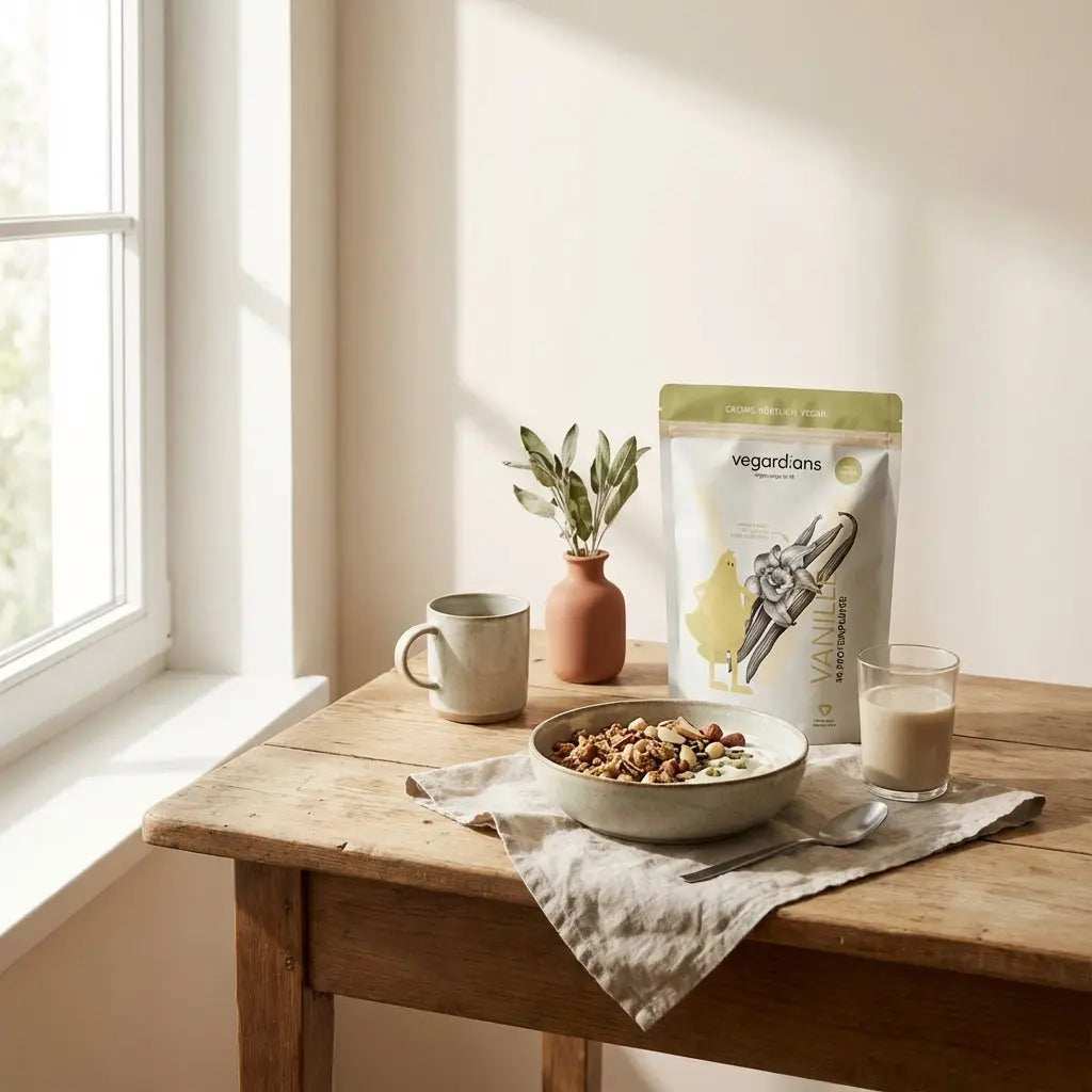 Veganes Frühstück mit Müsli, Nüssen, Pflanzenjoghurt und Vegardians-Produkt dezent auf Holztisch in sonnigem Morgenlicht, Fokus Muskeltraining Abnehmen