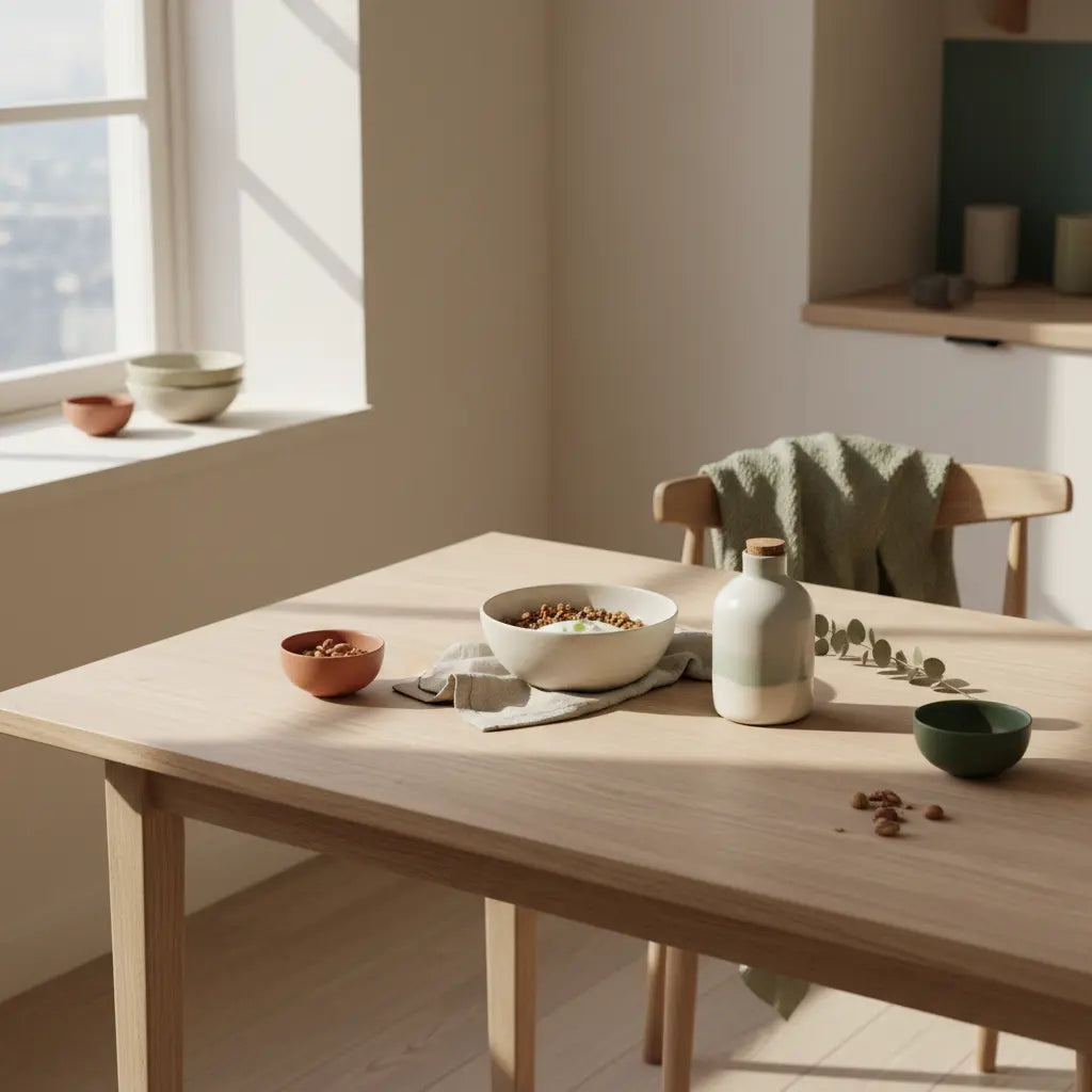 Veganes Frühstück mit Granola, pflanzlichem Joghurt, Nüssen und Shake auf minimalistischem Holztisch mit Das Produkt aus den Referenzfotos – muskelzuwachs pro monat, nährende Morgenroutine.