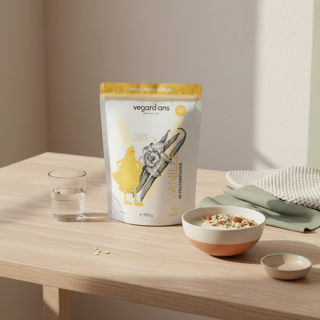 Minimalistische Küchenszene mit nachhaltigem Frühstück (Müsli, Nüsse, pflanzlicher Shake) auf Holztisch im Morgenlicht, nachhaltig abnehmen