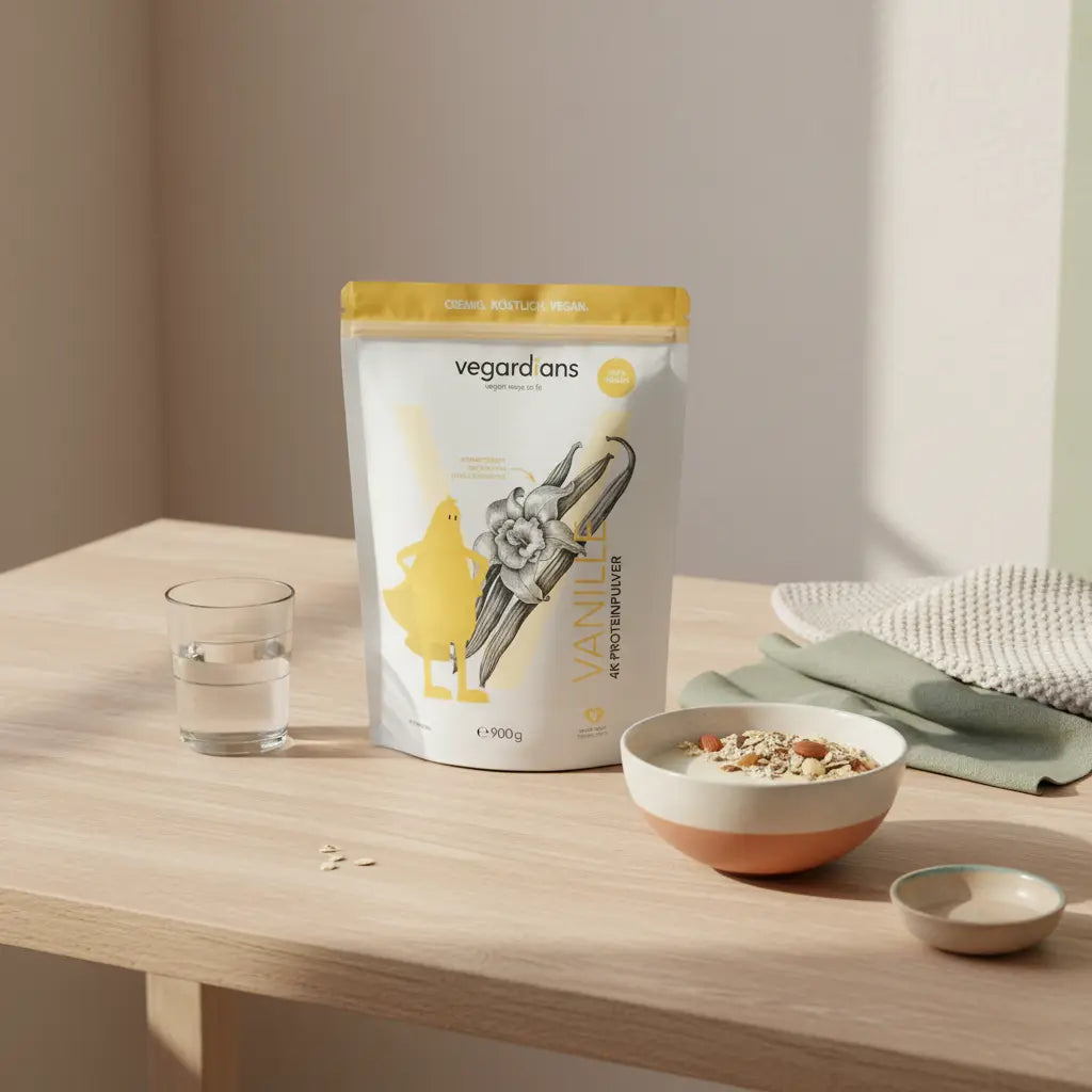 Minimalistische Küchenszene mit nachhaltigem Frühstück (Müsli, Nüsse, pflanzlicher Shake) auf Holztisch im Morgenlicht, nachhaltig abnehmen