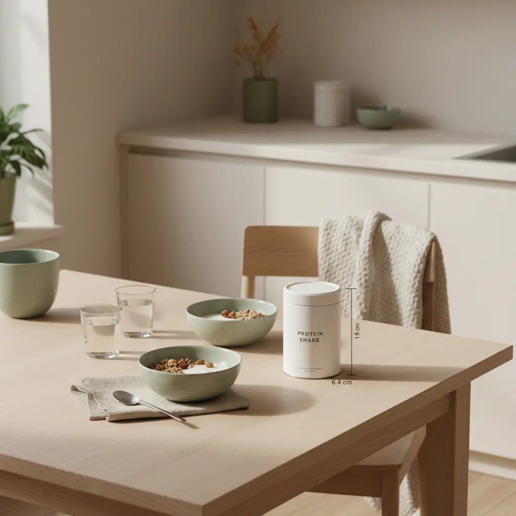 Minimalistisches Frühstück in einer europäischen Küche mit Granola, pflanzlichem Joghurt, Nüssen und Shake auf einem nachhaltig gedeckten Tisch – nachhaltige Ernährung.