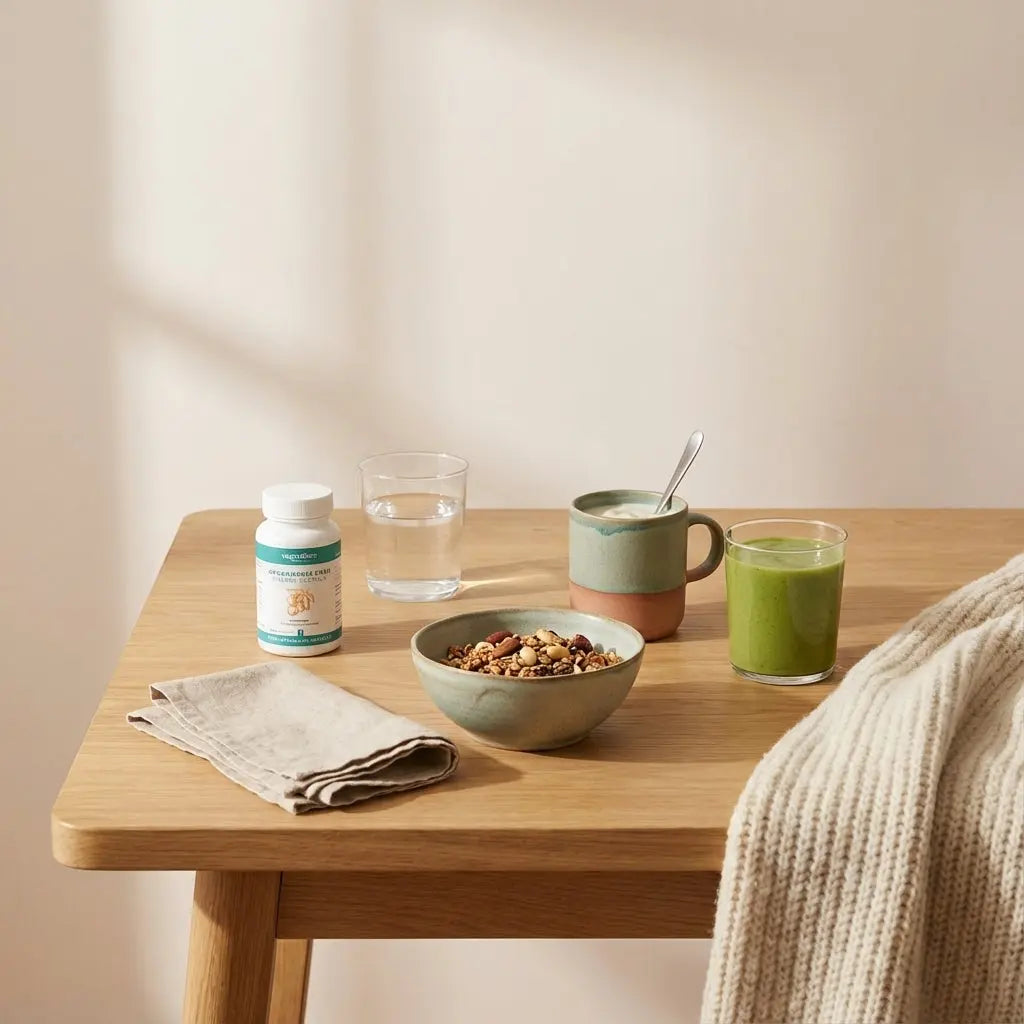 Minimalistische europäische Küchenszene mit Holztisch, Glas Wasser, Müsli, angereichertem Pflanzenjoghurt und grünem Smoothie; bewusst, nährend – Nachteile veganer Ernährung