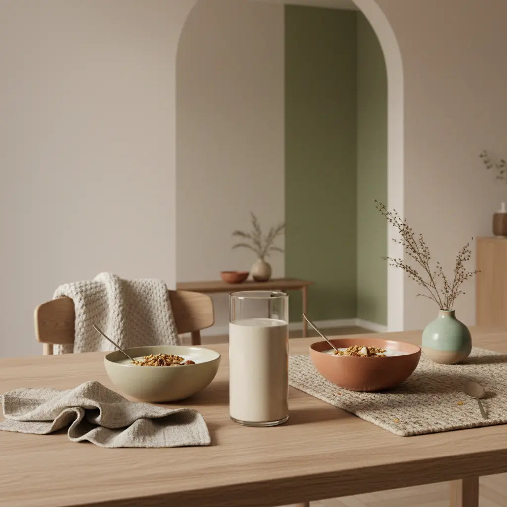 Minimalistisches veganes Frühstück in europäischer Küche mit Granola, Joghurt, Nüssen und Shake – ruhig, nourishing. Nachteile von Clean Eating