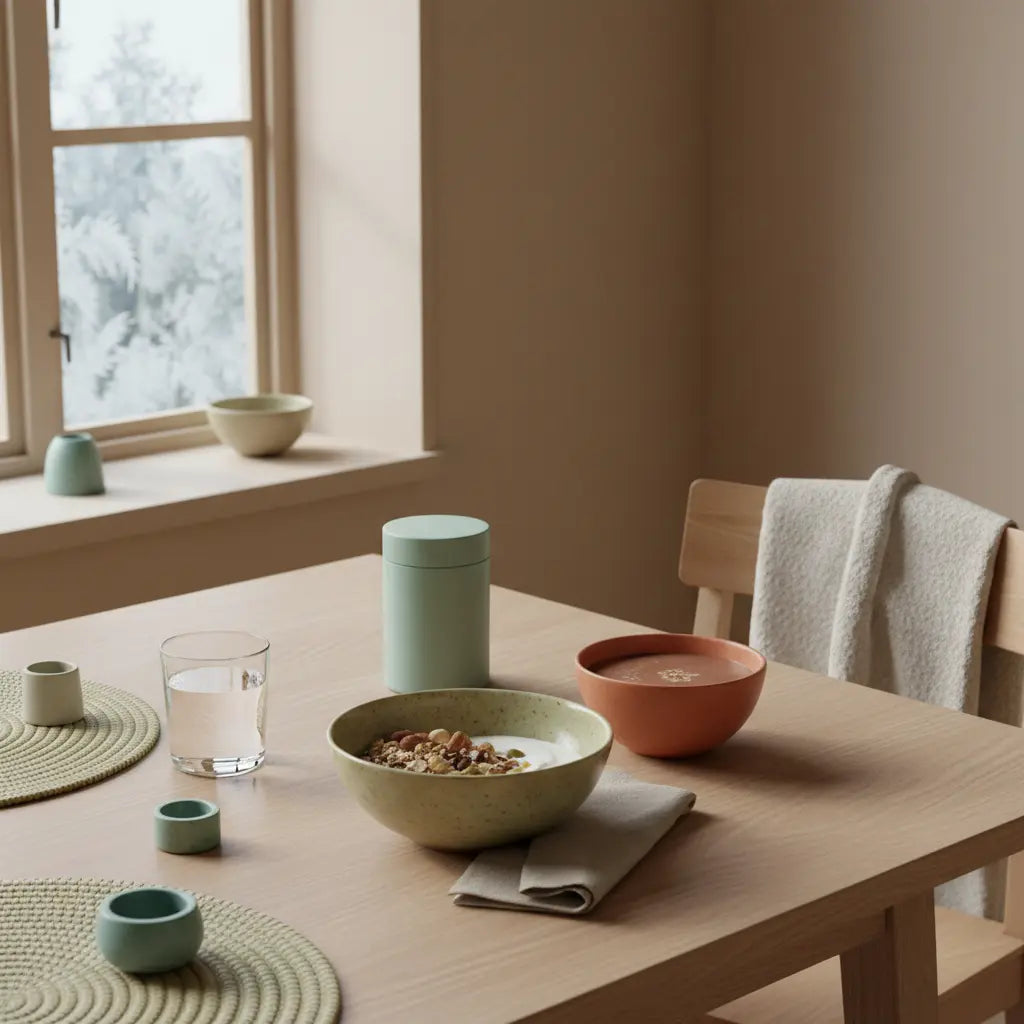 Veganer Frühstückstisch in europäischer Küche mit Granola, pflanzlichem Joghurt, Nüssen und Shake – nährstoffdichte, ruhige winterliche Texturen, beige‑salbeigrüne Farbwelt