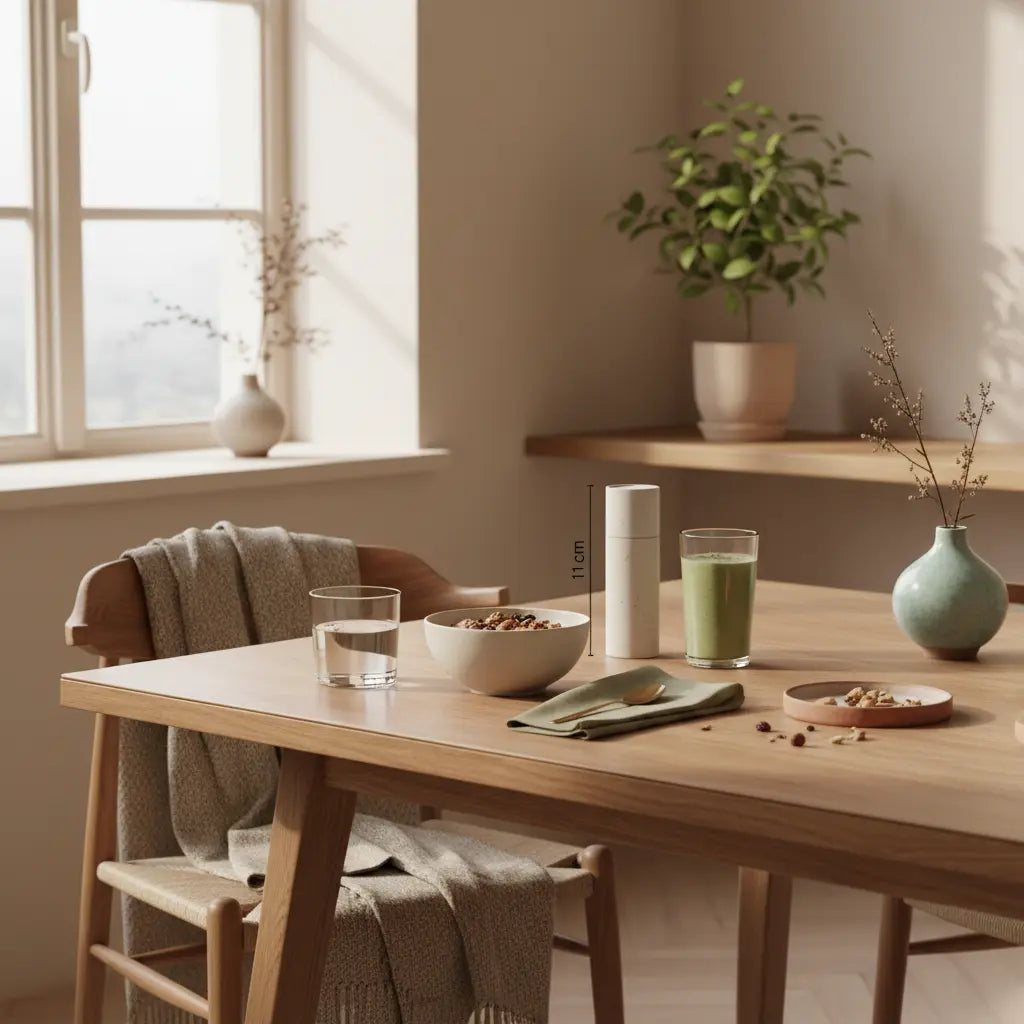 Minimalistisches veganes Frühstück mit Granola, Joghurt, Nüssen und Shake in einer europäischen Küche, Fokus natürliche ernährung