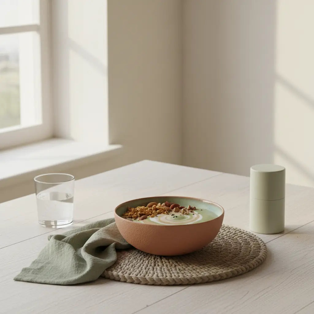 Minimalistischer Frühstückstisch mit veganem Müsli, Joghurt, Nüssen und Shake in einer europäischen Küche – natürliche Jodquellen.