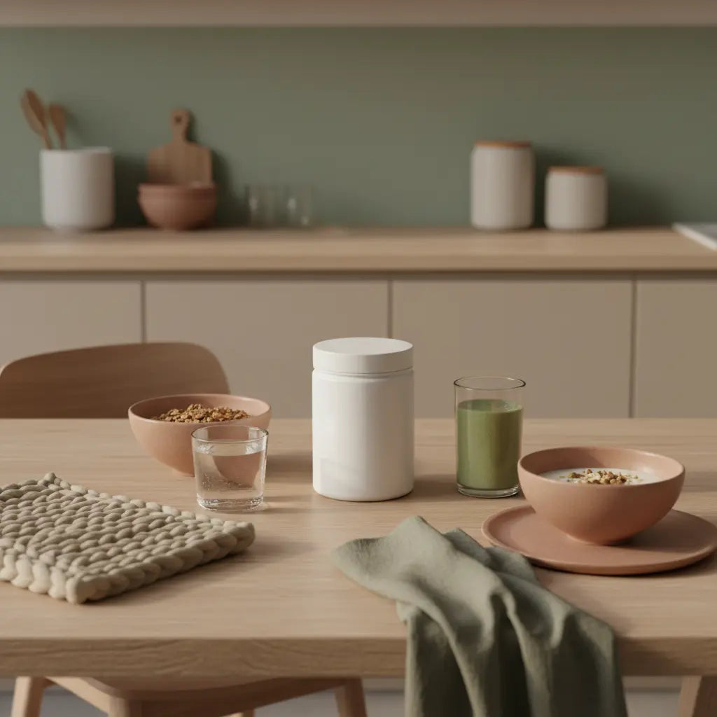 Minimalistische Frühstücksszene mit nachhaltig gedecktem Tisch, Granola, veganer Joghurt, Glas Wasser, Leinen und Keramik; natürliche Pumpbooster