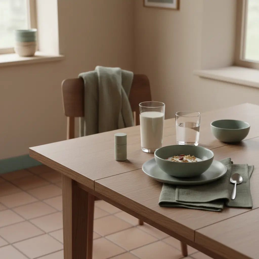 Neujahrsprüche Frühstück: minimalistischer Esstisch mit Granola, Joghurt, Nüssen und Shake in ruhigen Beige- und Salbeigrün-Tönen, wollene und Leinen-Details.