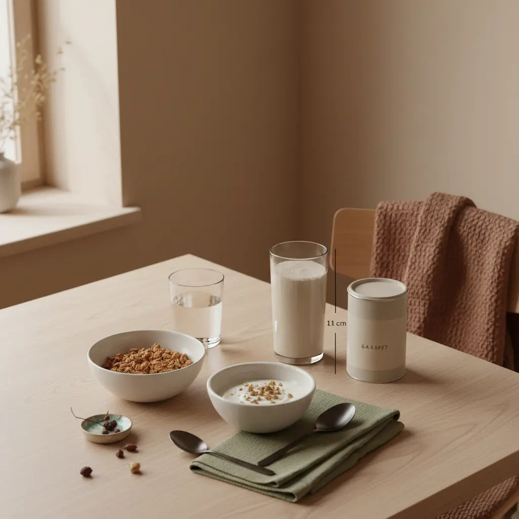 Minimalistisches Frühstück mit Granola, pflanzlichem Joghurt, Nüssen, Shake und dem Produkt aus den Referenzfotos auf nachhaltigem Tisch – neujahrsroutine