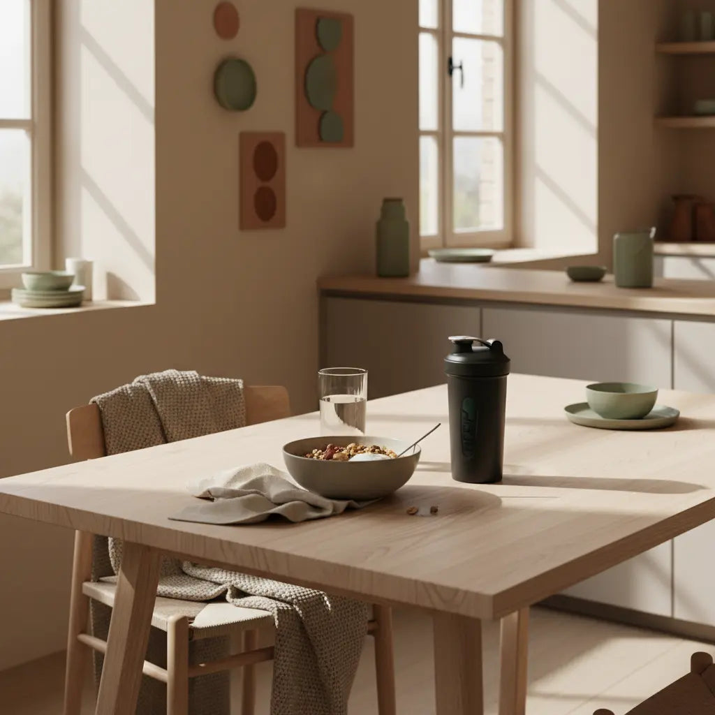 Ruhevolles veganes Frühstück mit Granola, pflanzlichem Joghurt, Nüssen und Shake auf minimalistischem Tisch – neujahrsvorsätze formulieren im nährenden Morgenambiente