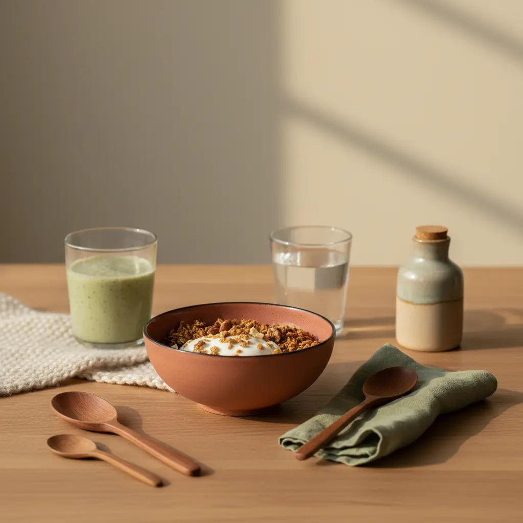 Minimalistisches Frühstück mit Granola, Joghurt, Nüssen und Shake in einer europäischen Küche – gemütlich, nährend und ideal für Neujahrsvorsätze.