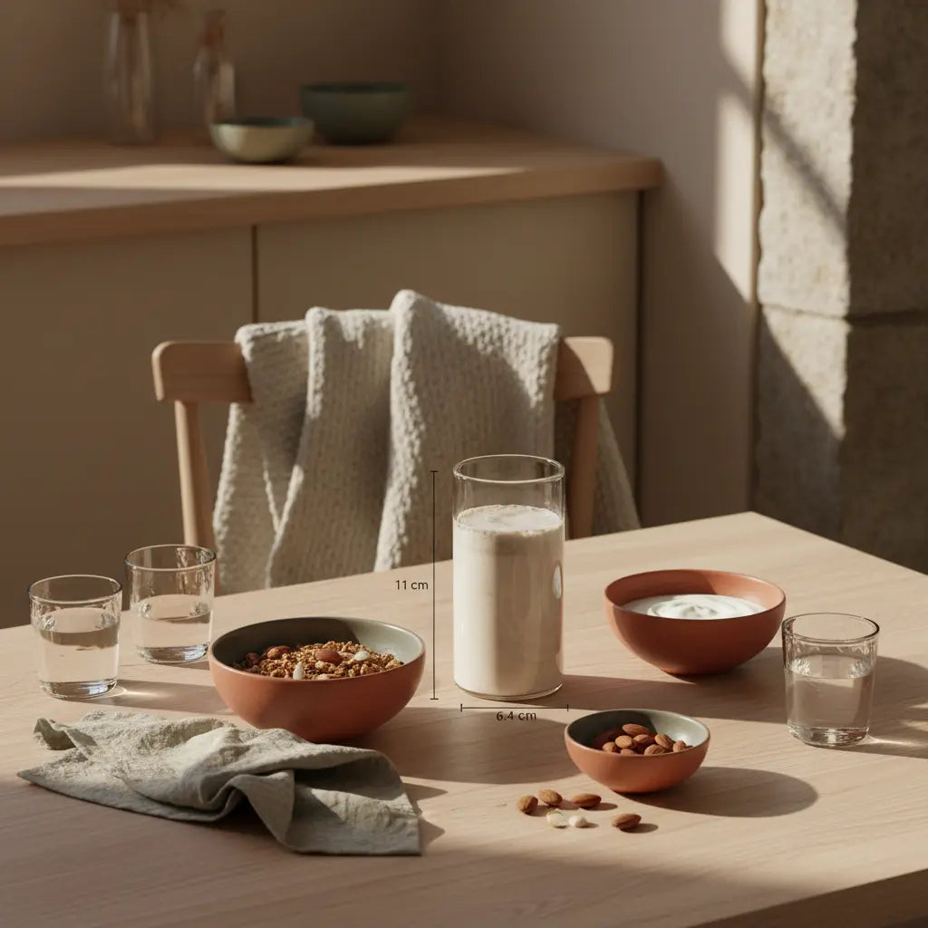 Minimalistisches Frühstück mit Granola, pflanzlichem Joghurt, Nüssen und Shake auf nachhaltigem Tisch im sanften Morgenlicht, neujahrsvorsätze ideen