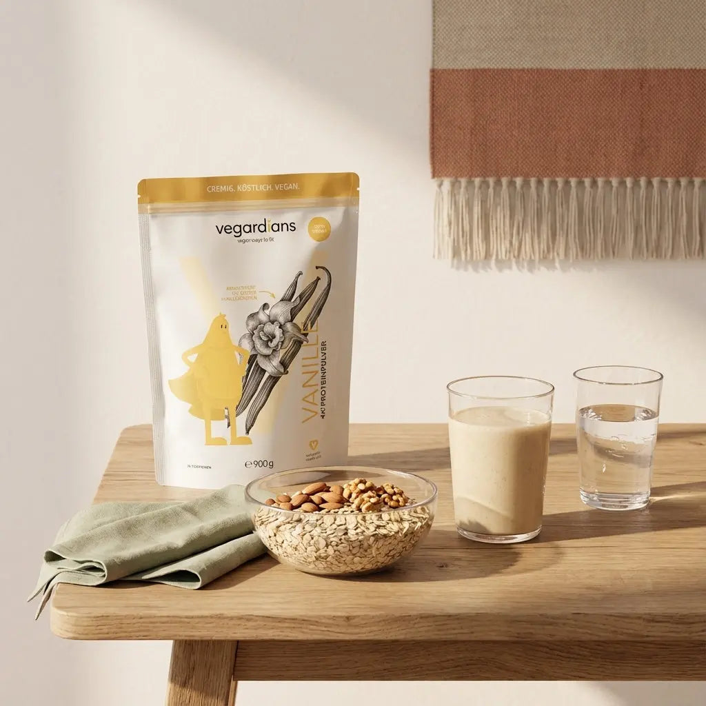 Minimalistische morgendliche Küchenszene mit veganem Proteinshake, Müsli, Nüssen und Glas Wasser auf Holztisch im warmen Morgenlicht – Oberarme trainieren