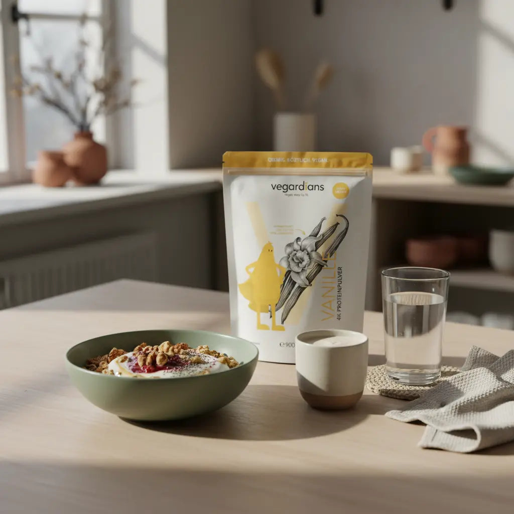 Veganes Protein‑Frühstück mit Bowl, Glas Wasser und kleinem Shake auf nachhaltigem Holztisch im sanften Morgenlicht, erdige Farbtöne; Kontext: Oberschenkel straffen