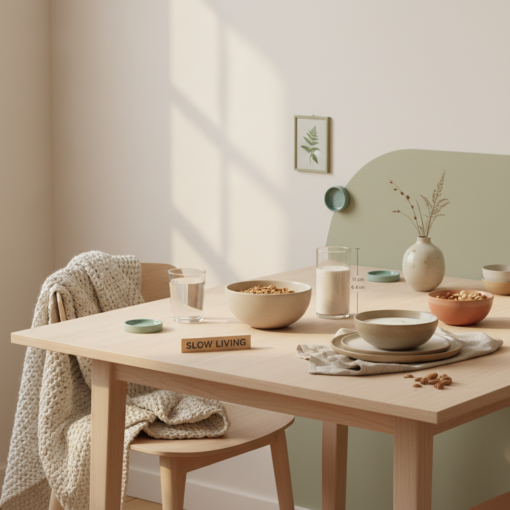 Veganes Frühstück mit Granola, Pflanzenjoghurt, Nüssen und Shake in heller europäischer Küche; Produkt aus Referenzfotos auf dem Tisch — ohne Erkältung durch den Winter