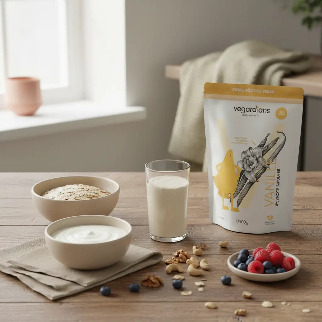 Minimalistische Küchenszene mit Haferflocken, ungesüßtem Joghurt, Nüssen, Beeren und Proteinshake auf rustikalem Tisch im sanften Morgenlicht — bewusstes Frühstück zum ohne Zucker abnehmen.