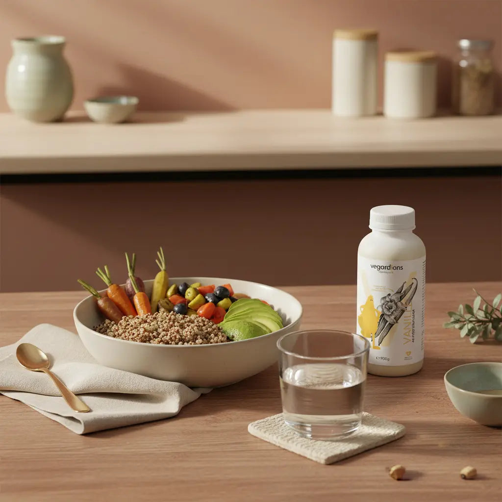 OMAD Ernährung: Nährstoffreiche Quinoa-Bowl mit Avocado, geröstetem Gemüse, Glas Wasser und Produktflasche auf nachhaltigem Holztisch im sanften Morgenlicht