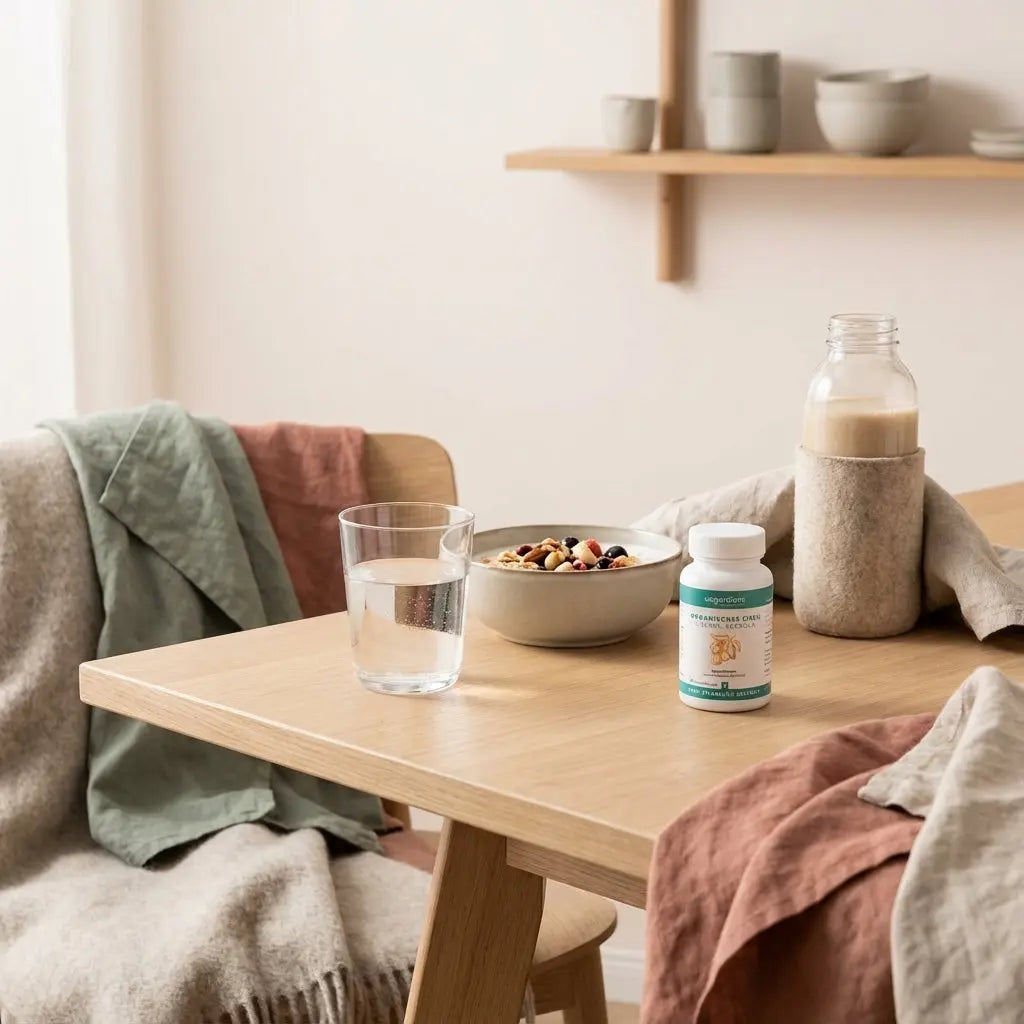 Minimalistisches Frühstück mit Vegardians-Produkt auf Holztisch: Hafer‑Joghurt, Nüsse, Shake und Glas Wasser im Morgenlicht — omega-3 abnehmen