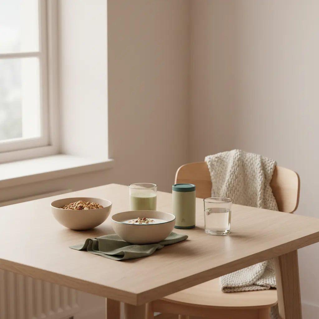 Minimalistisches Frühstück mit Granola, Joghurt, Nüssen, Shake und Produkt auf nachhaltigem Tisch im Morgenlicht, ruhige Farbpalette, omega-3 antivirale wirkung