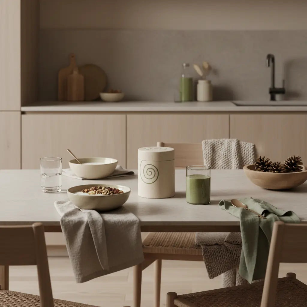 Minimalistische vegane Frühstücksszene mit Granola, Joghurt, Nüssen und Shake in europäischer Küche bei Morgenlicht, dezente Woll- und Leinenakzente — omega-3 bei erkältung