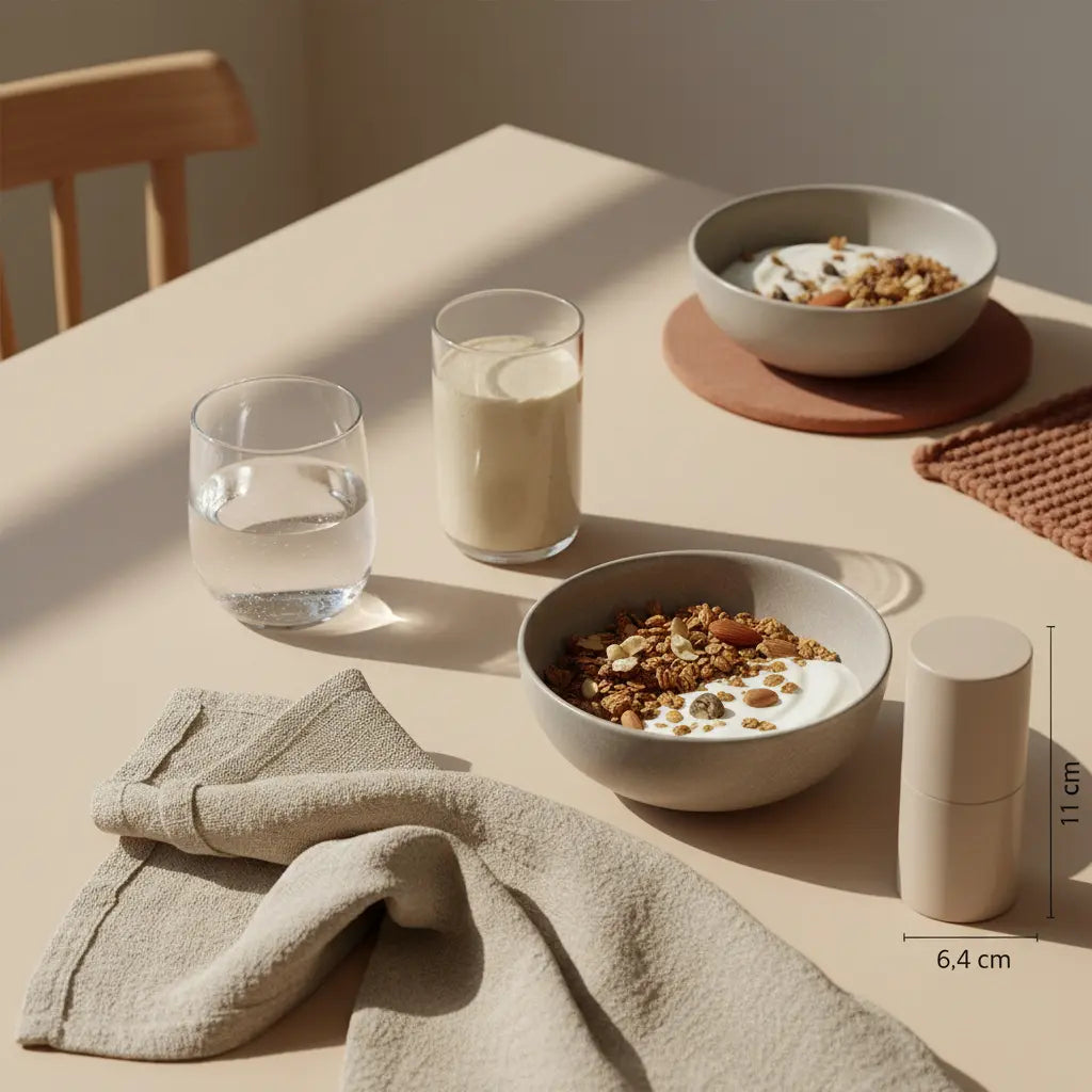 Helles, minimalistisches Frühstück mit Granola, Joghurt, Nüssen, Shake, Wasserglas und Supplementdose in europäischer Küche – omega-3 entzündungshemmend.
