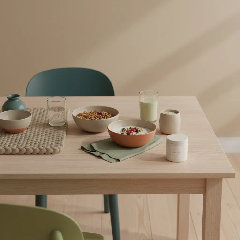 Minimalistisches veganes Frühstück mit Granola, Joghurtalternative, Nüssen und Shake auf beige-salbeigrünem Tisch in warmer, nährender Morgenlicht-Atmosphäre — omega-3 fettsäuren immunsystem