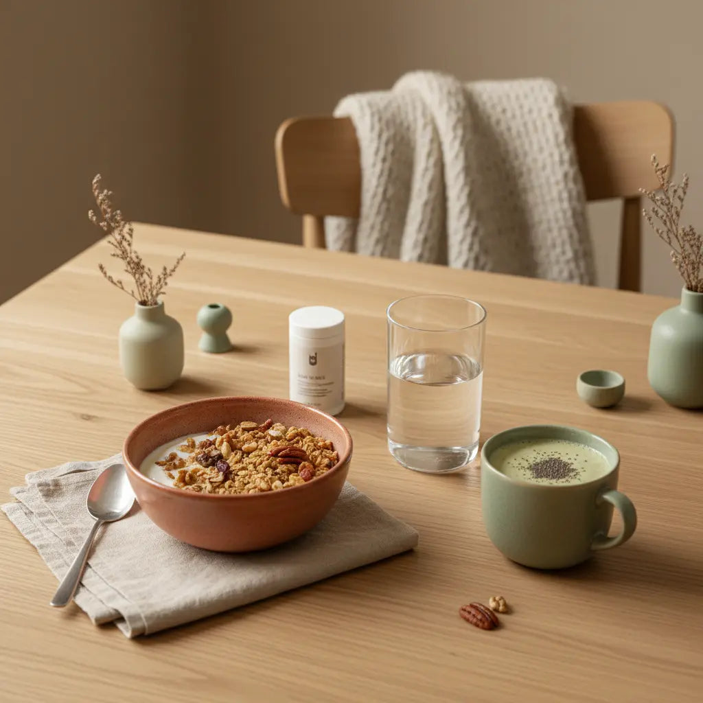 Veganes Frühstück mit Granola, Joghurt, Nüssen, Shake und Referenzprodukt auf minimalem Küchentisch in sanftem Morgenlicht — Omega-3 Mangel Symptome