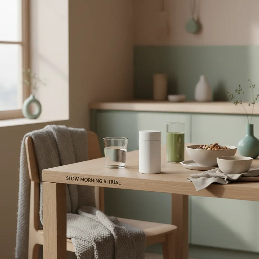 Veganes Frühstück mit Granola, Joghurt, Nüssen und Shake auf minimalistischem, winterlichem Esstisch – Bild zum Thema Omega-3 Nebenwirkungen