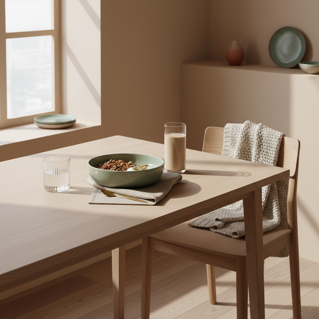 Minimalistisches Frühstück in europäischer Küche mit Granola, veganem Joghurt, Nüssen und Shake auf nachhaltigem Geschirr, dezent platziertes Produkt aus den Referenzfotos — omega-3 psyche