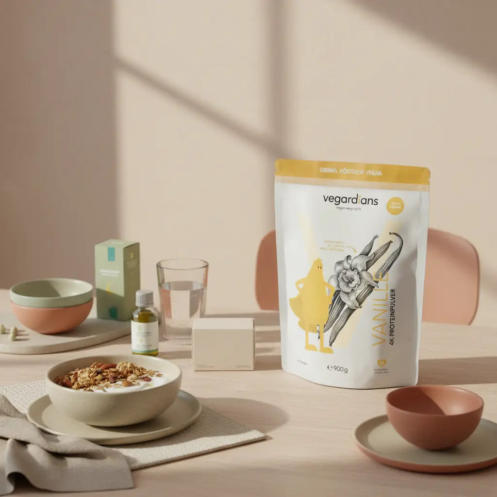 Veganer Frühstückstisch mit Hafer, Joghurt, Nüssen, Glas Wasser und Algenöl neben neutraler Kapselpackung auf nachhaltigem Holztisch im Morgenlicht — omega-3 und bauchfett