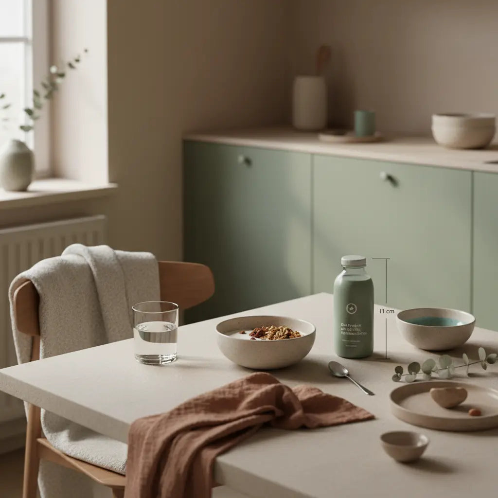 Minimalistisches Frühstück mit Granola, pflanzlichem Joghurt, Proteinshake und dem Produkt orthoexpert immun boost auf einem nachhaltig gedeckten Tisch im warmen Morgenlicht.