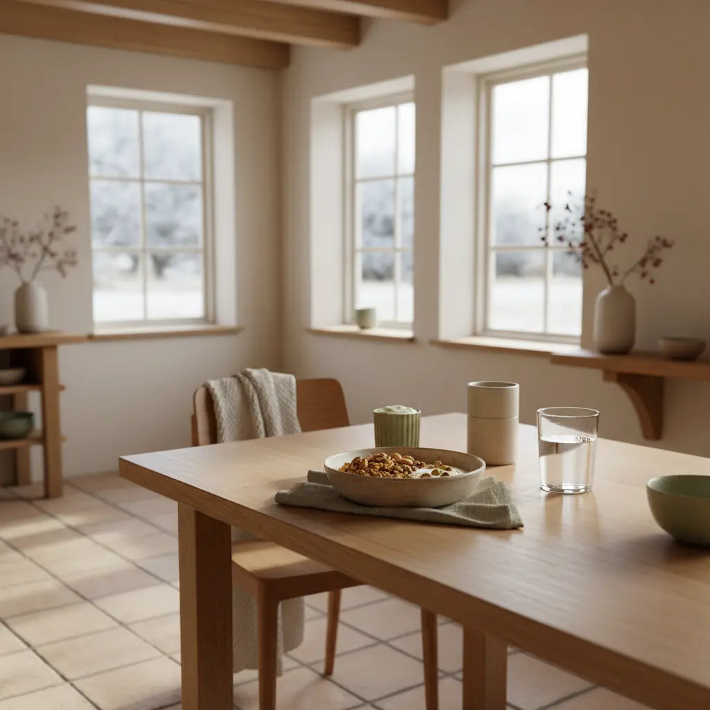 Minimalistisches Frühstück in europäischer Küche mit Granola, pflanzlichem Joghurt, Nüssen und Shake in Keramikschalen, pflanzenbasierte Ernährung im ruhigen Morgenlicht