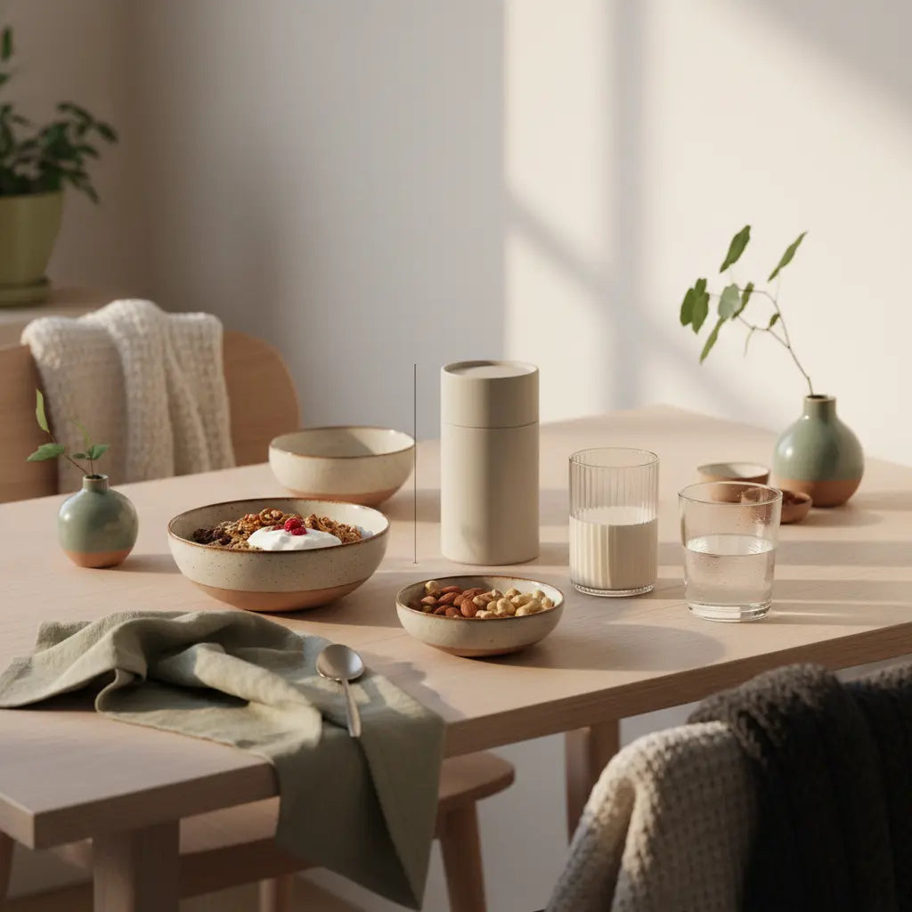 Minimalistisches veganes Frühstück in europäischer Küche bei Morgenlicht mit Hafer, pflanzlicher Joghurt‑Alternative, Nüssen und Shake auf nachhaltigem Tisch – pflanzenbasierte ernährung.