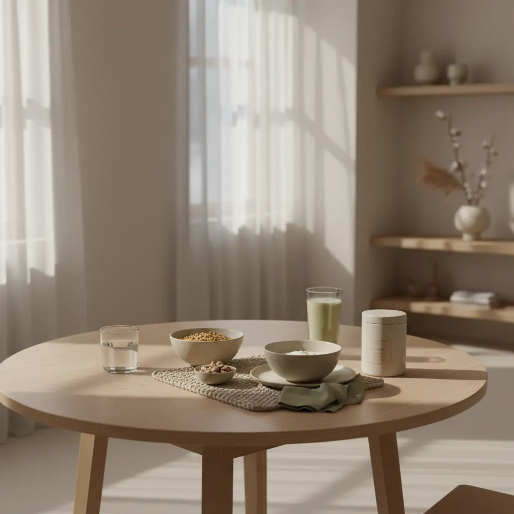 Minimalistisches Morgenfrühstück in europäischer Küche mit Granola, Joghurt, Shake, klarem Wasserglas und sichtbarem Produkt aus Referenzfotos — pflanzenbasierte produkte.