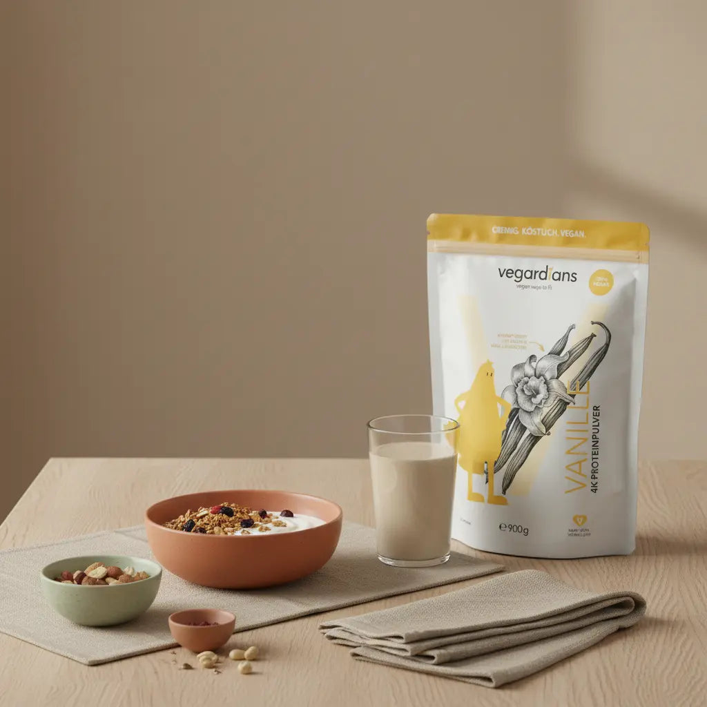 Minimalistische Küchenszene mit Müsli, Sojajoghurt, Nüssen und pflanzlichem Shake auf Holztisch im Morgenlicht, passend zum pflanzenbasierten ernährungsplan