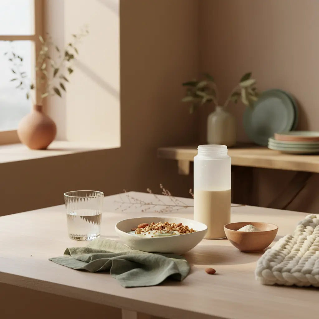 Minimalistisches Frühstück mit Granola, pflanzlichem Joghurt, Nüssen und Proteinshake auf nachhaltigem Tisch in warmen Erdtönen – Fokus auf pflanzliche eiweißquellen.