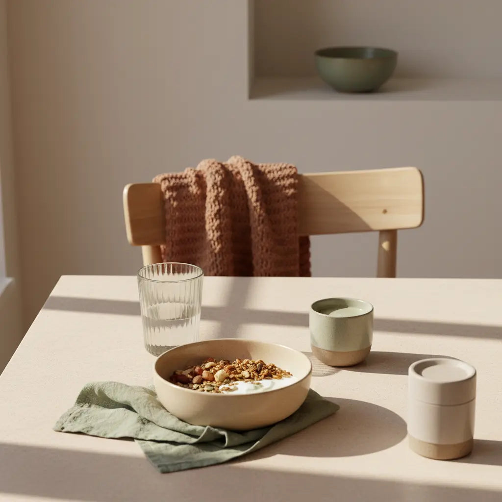 Minimalistisches Frühstück mit Granola, Pflanzenjoghurt, Nüssen, Pflanzendrink und Shaker in einer europäischen Küche bei Morgenlicht, Fokus auf pflanzliche eiweißquellen.