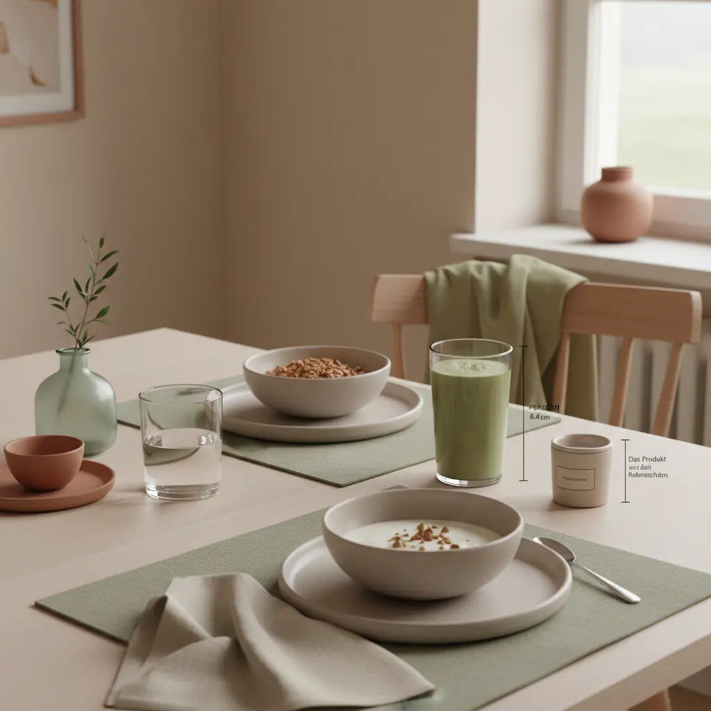 Veganer Frühstückstisch mit Granola, Joghurt, Nüssen und Shake in keramischen Schalen in einer europäischen Küche bei Morgenlicht – pflanzliche eiweißquellen im Fokus