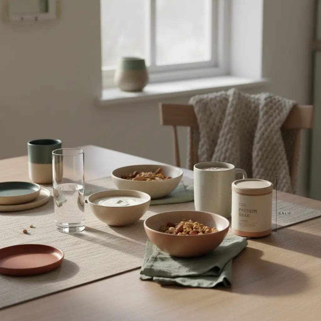 Minimalistisches veganes Frühstück mit Granola, pflanzlichem Joghurt, Nüssen und Shake als pflanzliche eiweißquellen auf einem nachhaltigen Küchentisch im sanften Morgenlicht.