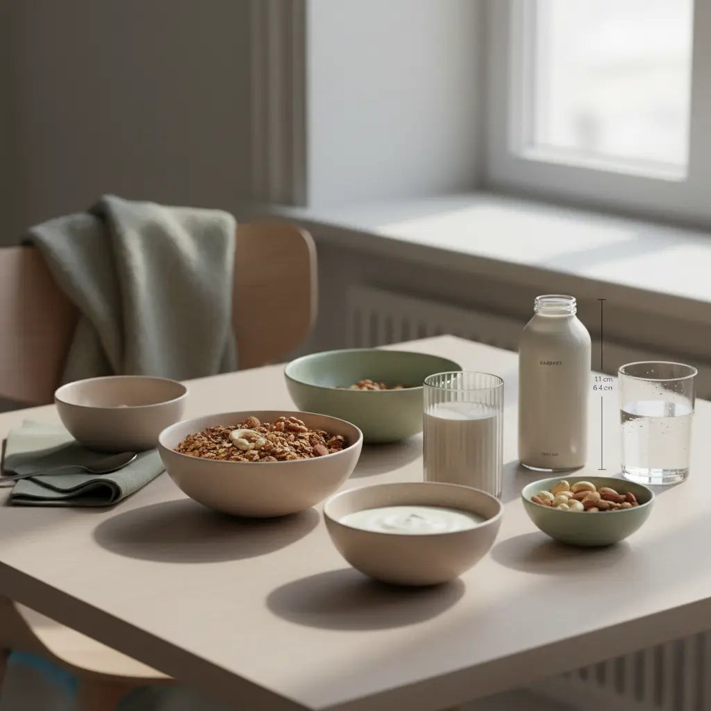 Minimalistisches Frühstück mit Granola, pflanzlichem Joghurt, Nüssen und Proteinshake als pflanzliche eiweißquellen in einer europäischen Küche