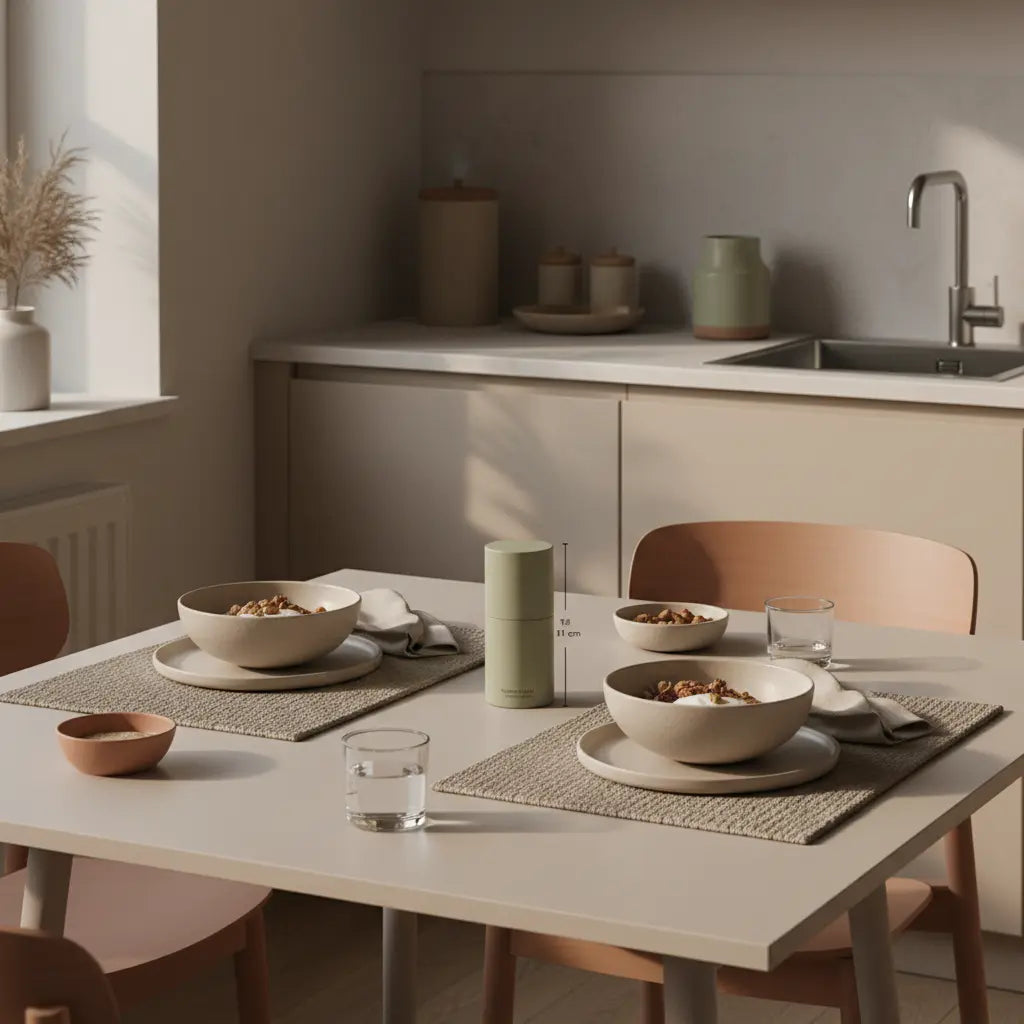 Minimalistische Frühstückstafel mit Granola, veganem Joghurt, Nüssen und Shake in einer europäischen Küche in erdigen Tönen – pflanzliche eiweißquellen ohne hülsenfrüchte