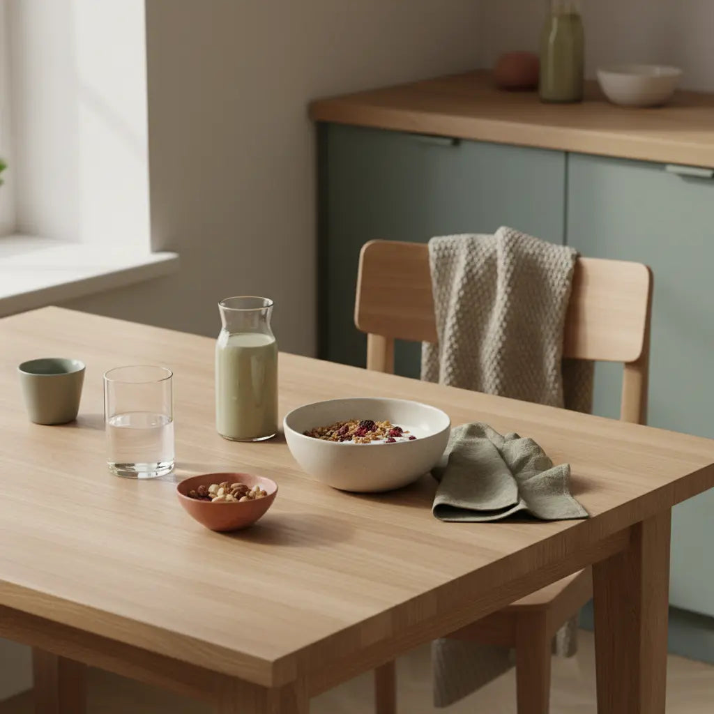 Minimalistisches Frühstück in europäischer Küche: Schüssel mit Granola und pflanzlichem Joghurt, Nüsse und Shake auf nachhaltigem Holztisch mit Leinen- und Wolltexturen — pflanzliche ernährung