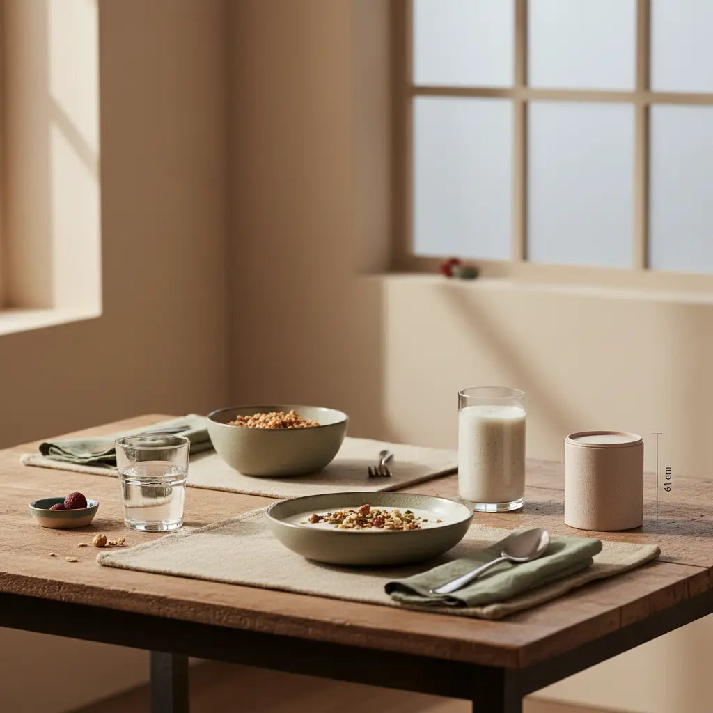 Minimalistisches Frühstück in europäischer Küche mit Granola, pflanzlichem Joghurt, Nüssen und Shake, weiches Morgenlicht und winterliche Woll- sowie Leinenakzente – pflanzliche Ernährung.