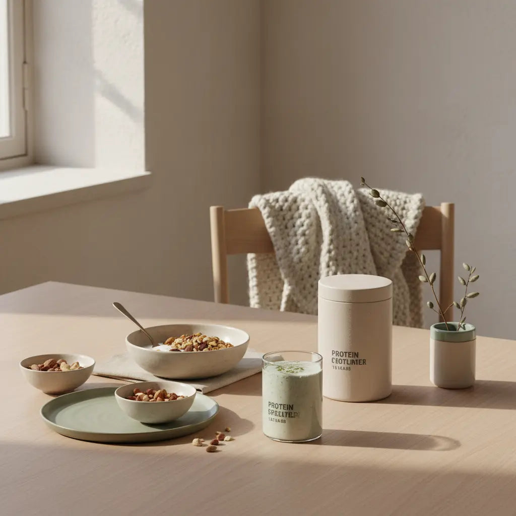 Minimalistisches Frühstück mit Granola, pflanzliche Ernährung ohne Öl, pflanzlichem Joghurt, Nüssen und Proteinshake auf nachhaltigem Tisch in europäischer Küche.