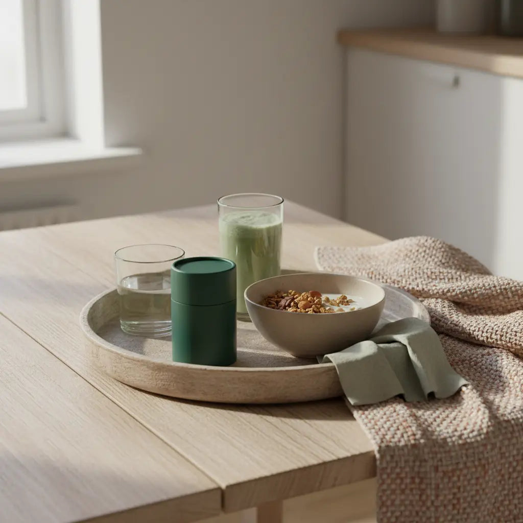 Minimalistisches Frühstück mit pflanzlichen lebensmitteln: Granola, pflanzlicher Joghurt, Nüsse und Shake auf nachhaltigem Tisch in weichem Morgenlicht.